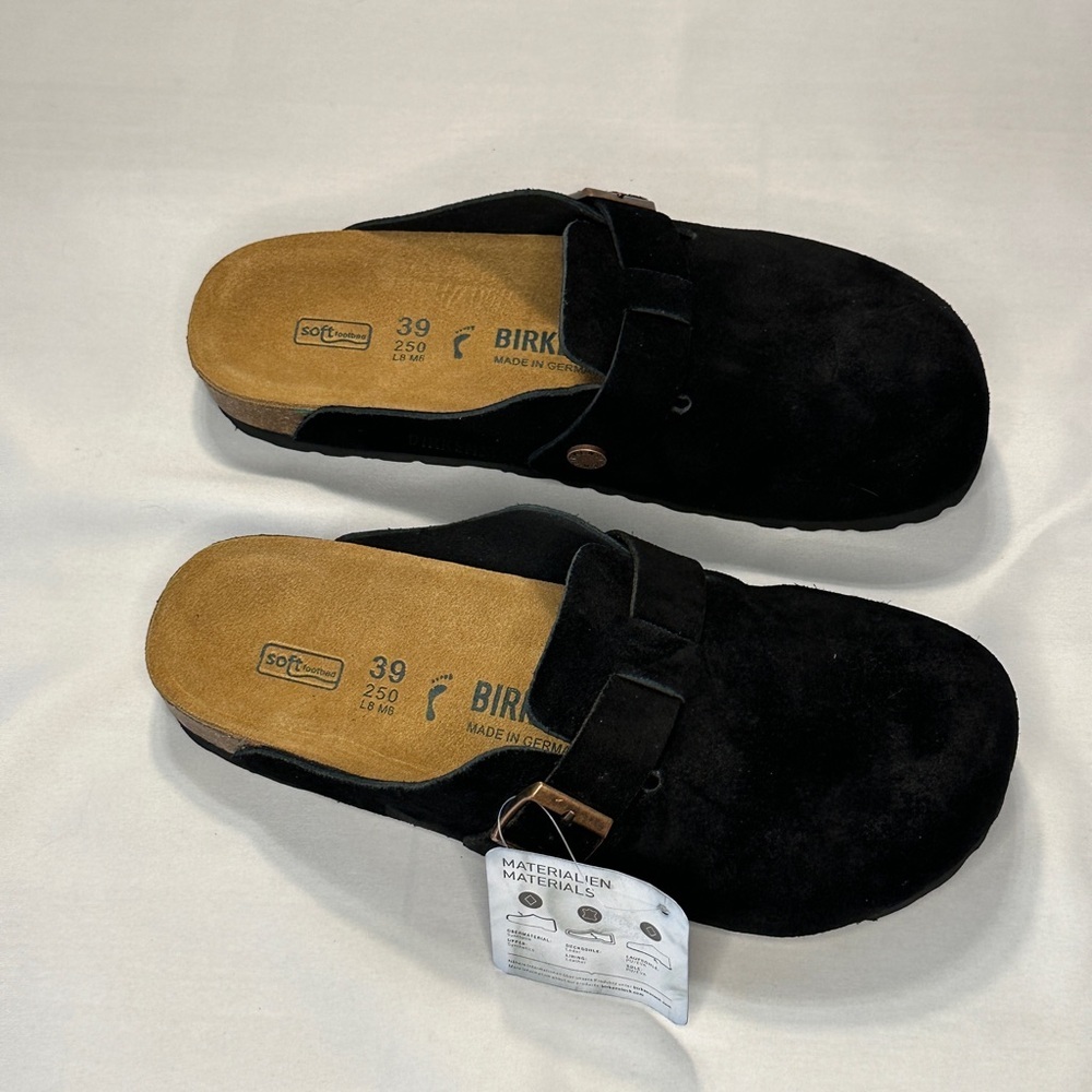 NWT BIRKENSTOCK Boston Clogs Size 8 8.5 (39) Black Suede Women’s Soft Footbed - Picture 2 of 5